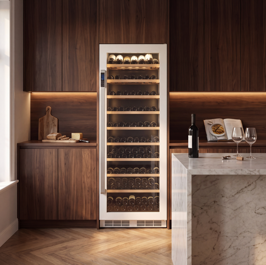 Prestige 303 Freestanding 303-bottle wine cellar installed in a modern fitted kitchen