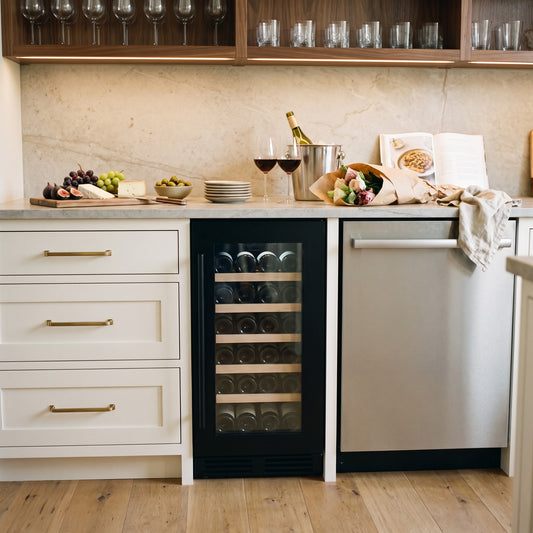 Compact 29 16-inch 29-bottle wine cellar installed in a modern fitted kitchen