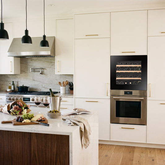 Compact 29 23-inch 29-bottle wine cellar installed in a modern fitted kitchen