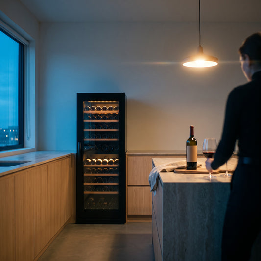 Connoisseur 77 77-bottle wine cellar installed in a modern fitted kitchen
