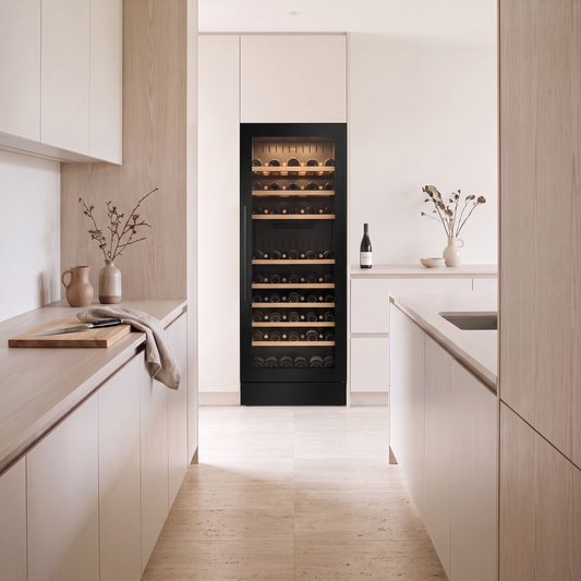 Prestige 216 216-bottle wine cellar installed in a modern fitted kitchen