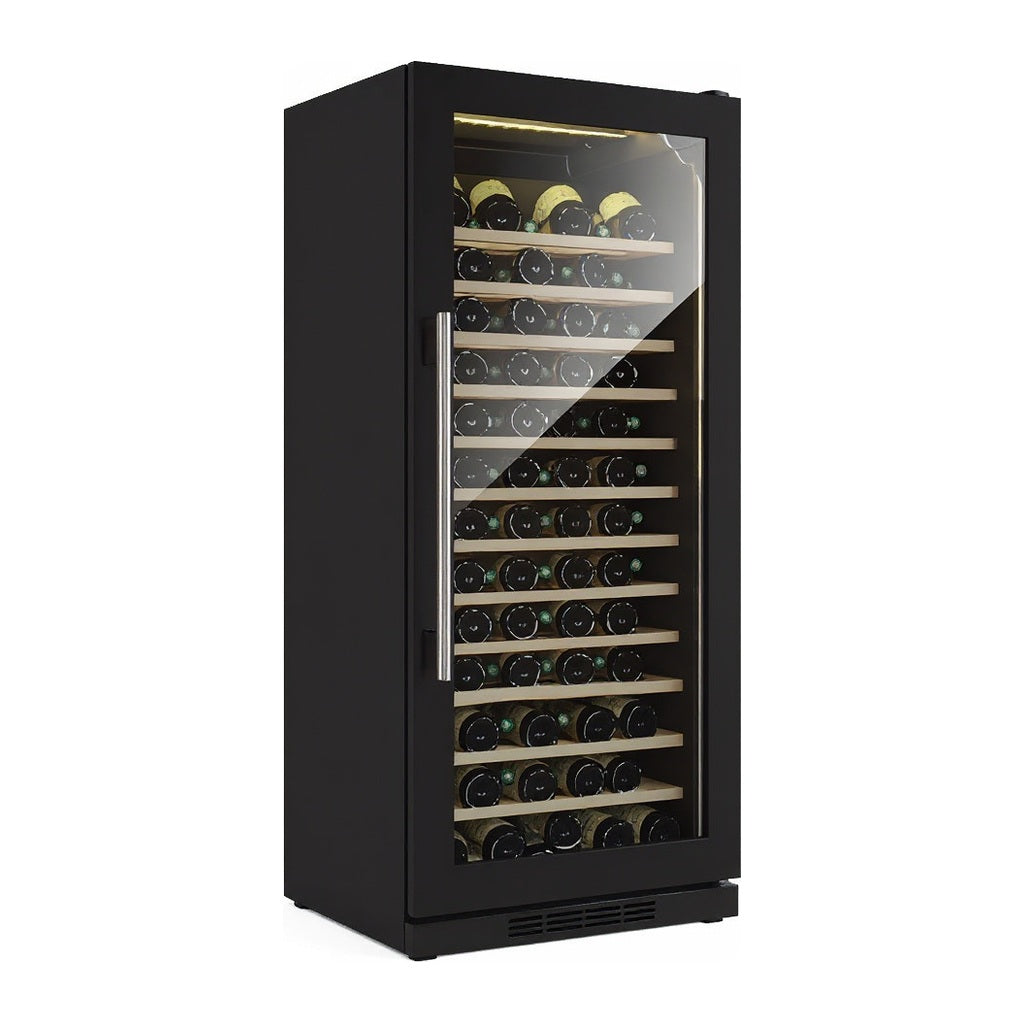 Connoisseur 113 wine cellar — 113 bottles — three-quarter view showing the cabinet depth and side panel
