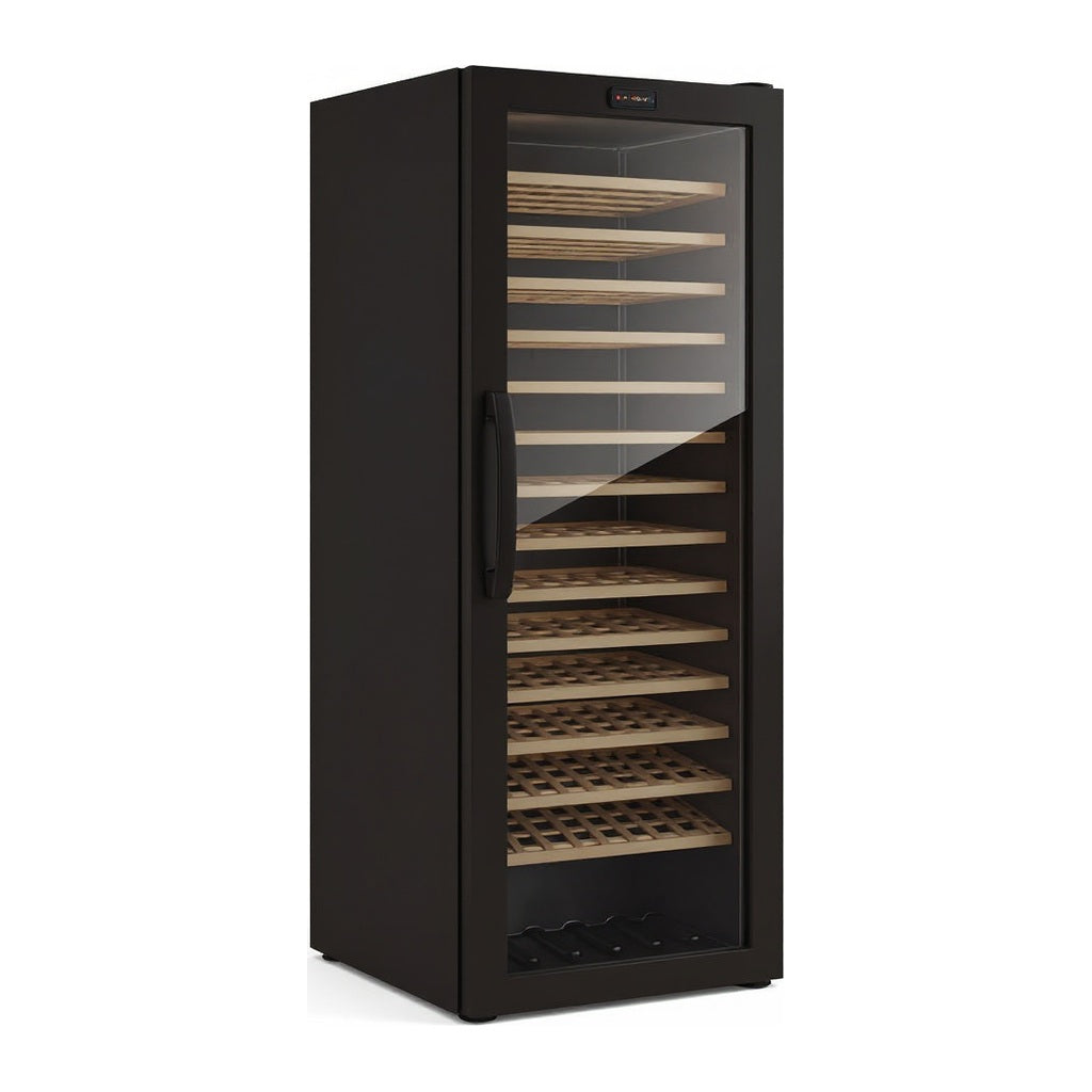 Connoisseur 118 wine cellar — 118 bottles — three-quarter view showing the cabinet depth and side panel