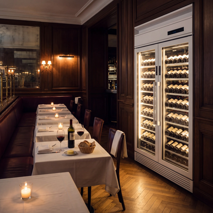 Prestige 176 176-bottle wine cellar installed in the dining room of a fine-dining restaurant