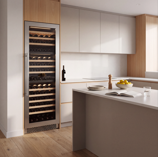Prestige 155 155-bottle wine cellar installed in a modern fitted kitchen