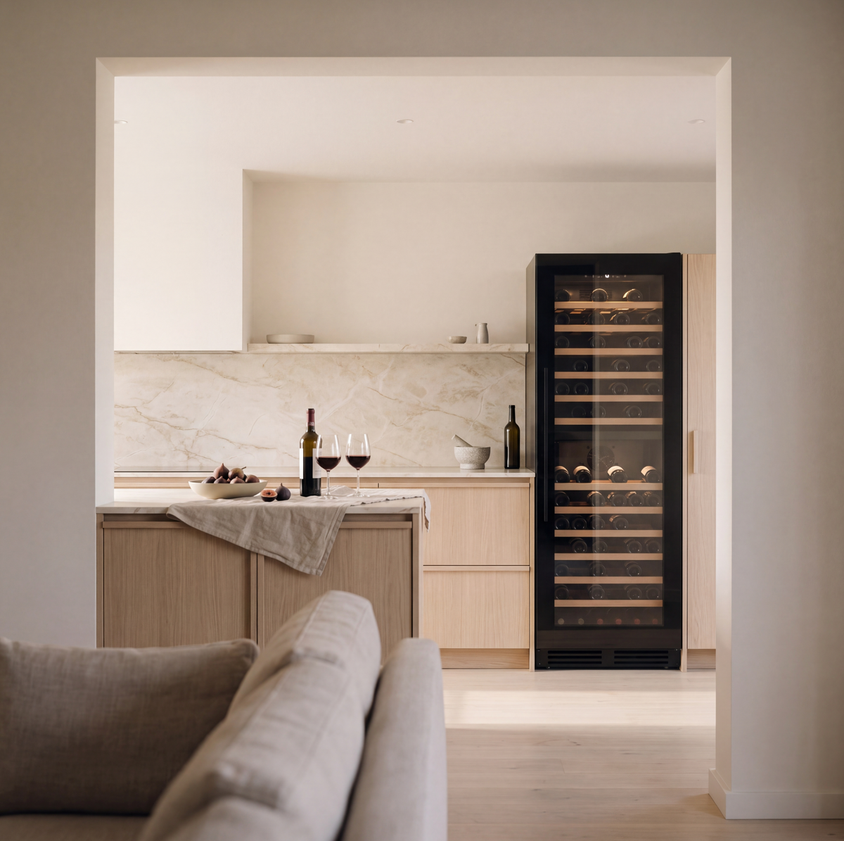 Prestige 109 109-bottle wine cellar installed in a modern fitted kitchen