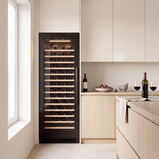 Prestige 122 122-bottle wine cellar installed in a modern fitted kitchen