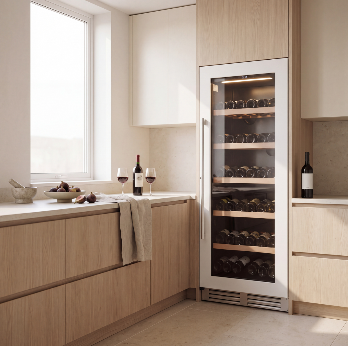 Connoisseur 122 122-bottle wine cellar installed in a modern fitted kitchen