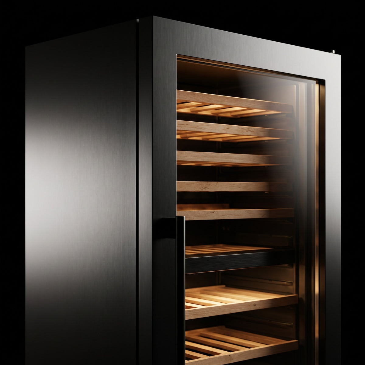 Interior of the Connoisseur 95 wine cellar: solid beech shelves, glass door and touch control panel