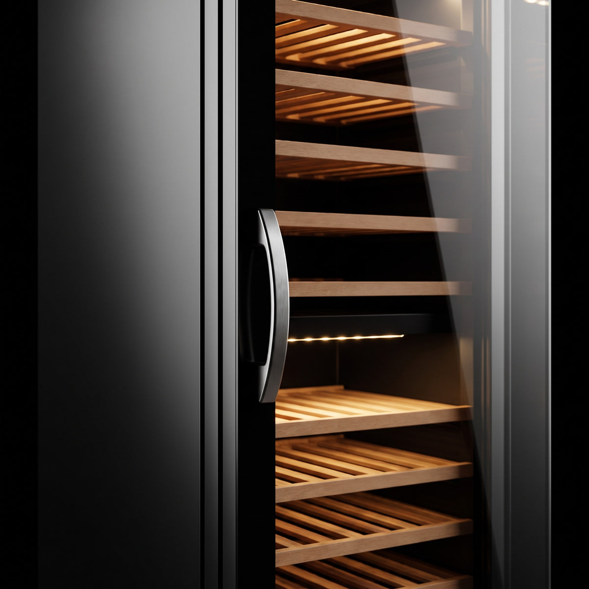 Interior of the Connoisseur 105 wine cellar: solid beech shelves, glass door and touch control panel