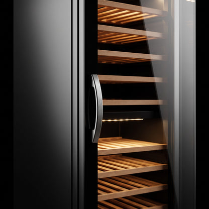 Interior of the Connoisseur 105 wine cellar: solid beech shelves, glass door and touch control panel