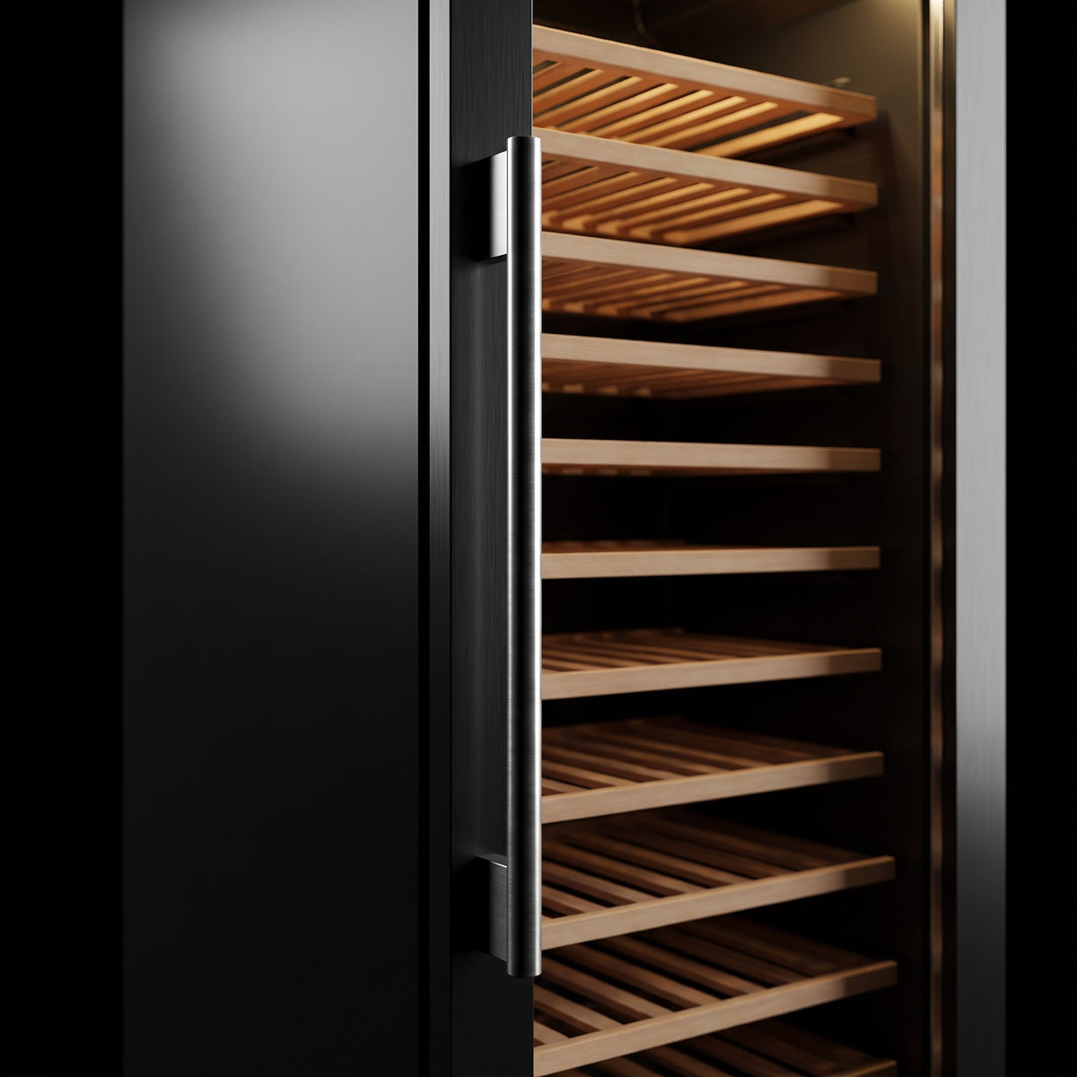 Interior of the Connoisseur 113 wine cellar: solid beech shelves, glass door and touch control panel
