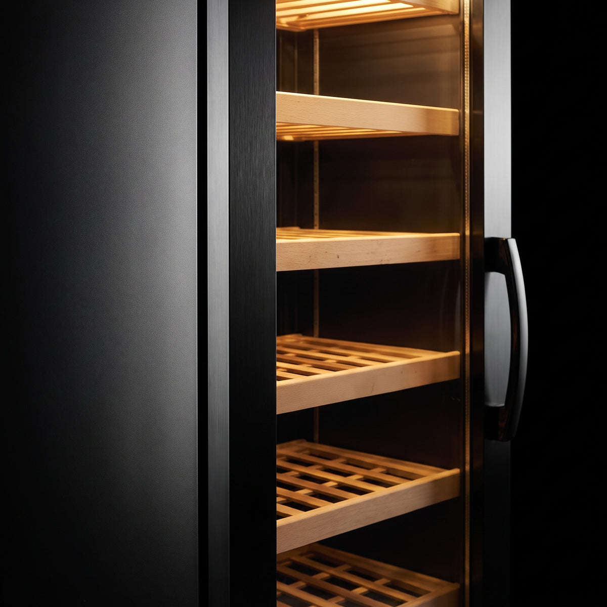 Interior of the Connoisseur 111 wine cellar: solid beech shelves, glass door and touch control panel