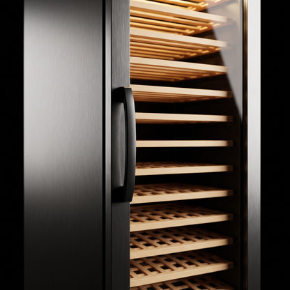 Interior of the Connoisseur 118 wine cellar: solid beech shelves, glass door and touch control panel