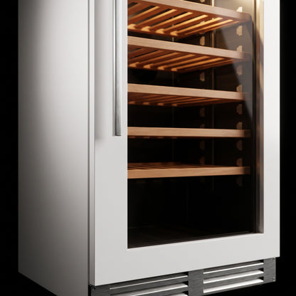 Interior of the Connoisseur 122 wine cellar: solid beech shelves, glass door and touch control panel