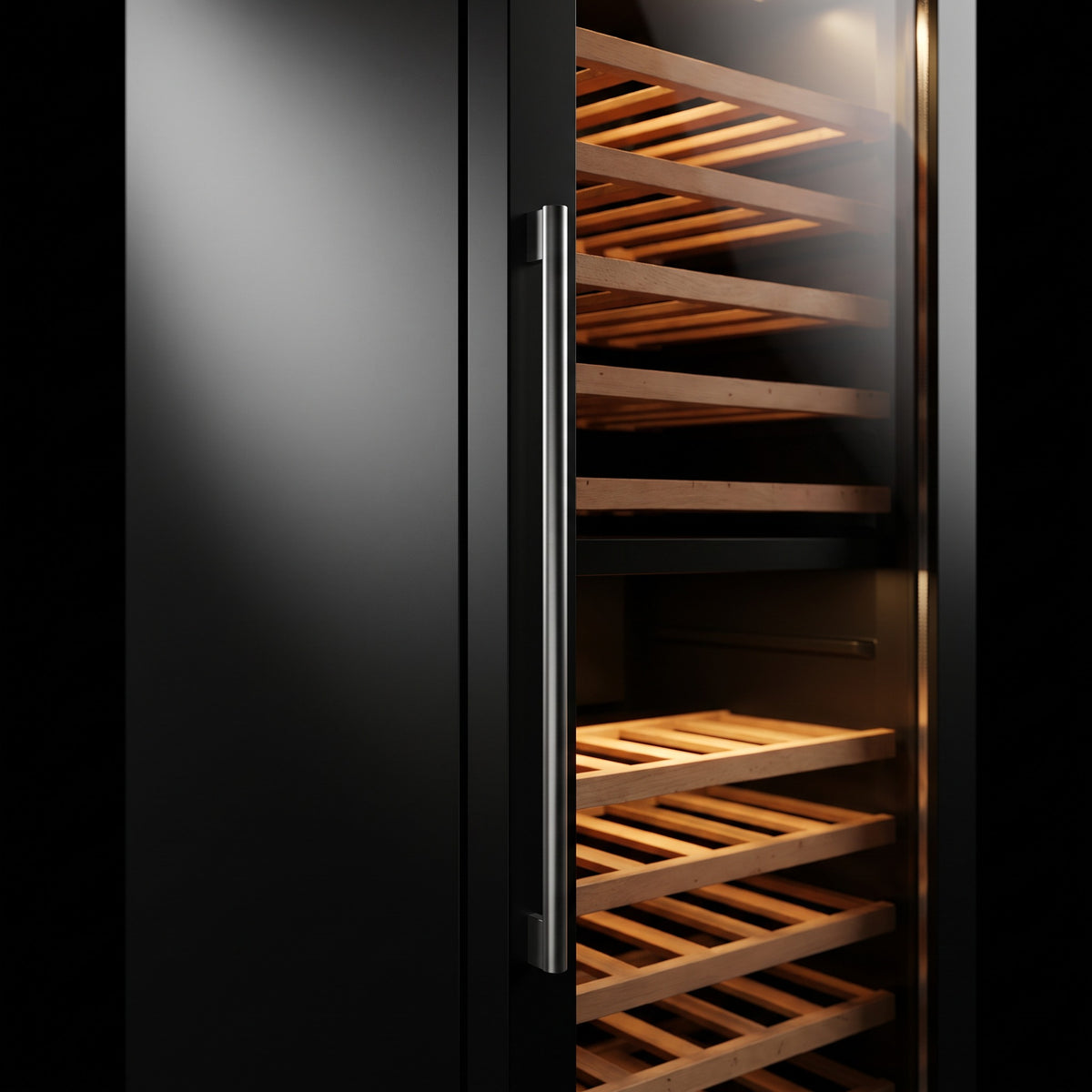 Interior of the Prestige 109 wine cellar: solid beech shelves, glass door and touch control panel