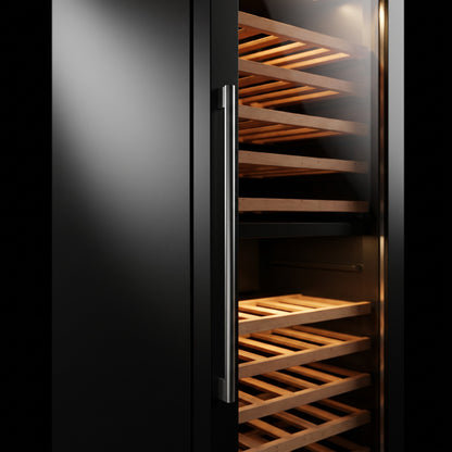Interior of the Prestige 109 wine cellar: solid beech shelves, glass door and touch control panel