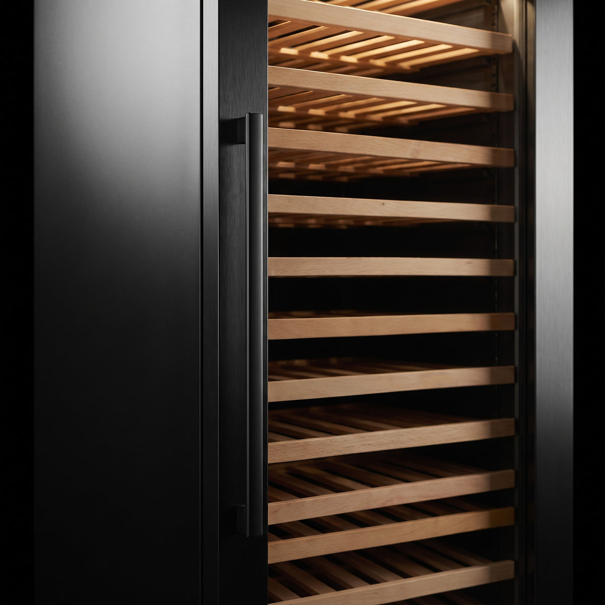 Interior of the Prestige 122 wine cellar: solid beech shelves, glass door and touch control panel