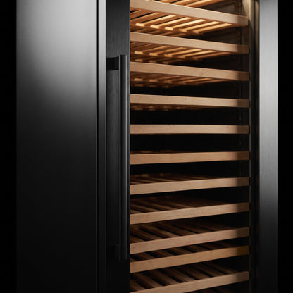 Interior of the Prestige 122 wine cellar: solid beech shelves, glass door and touch control panel