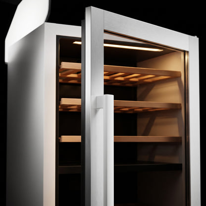 Interior of the Prestige 166 wine cellar: solid beech shelves, glass door and touch control panel
