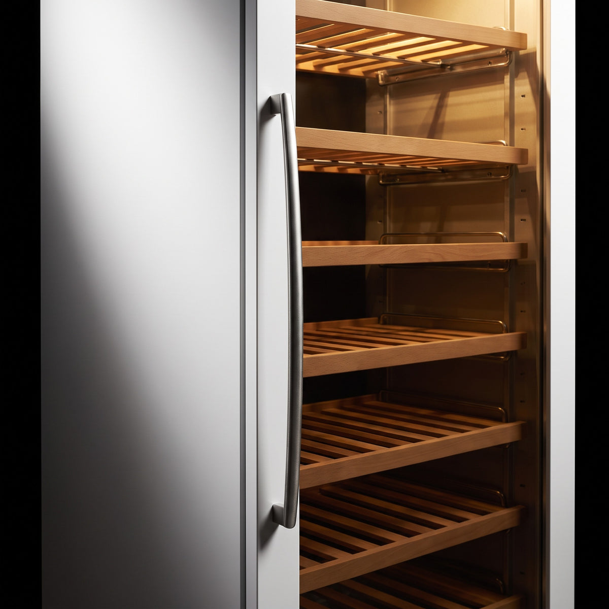 Interior of the Prestige 177 wine cellar: solid beech shelves, glass door and touch control panel