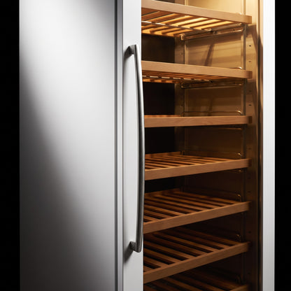 Interior of the Prestige 177 wine cellar: solid beech shelves, glass door and touch control panel