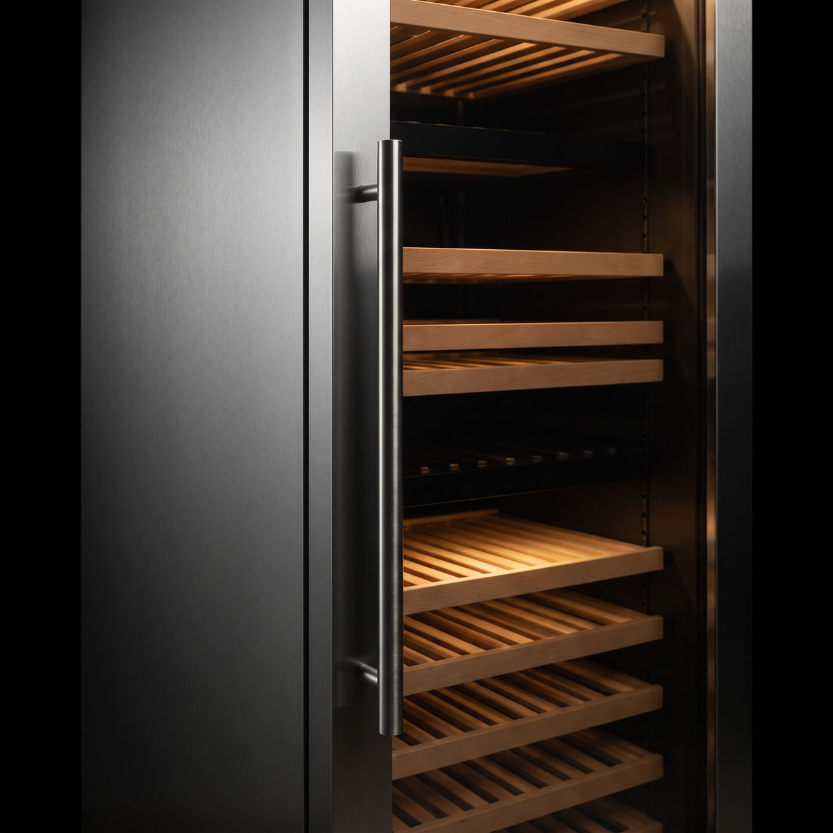 Interior of the Prestige 155 wine cellar: solid beech shelves, glass door and touch control panel