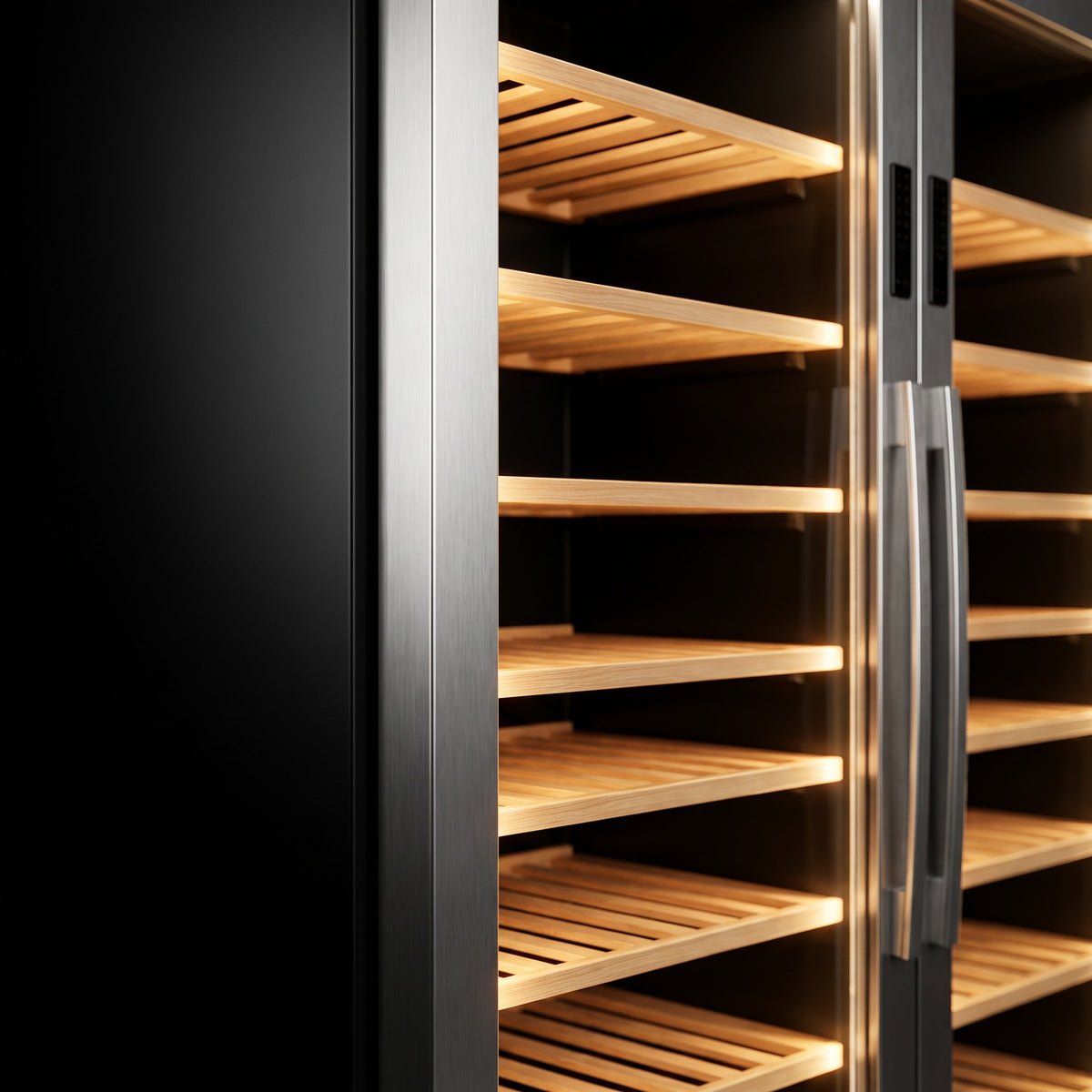 Interior of the Prestige 176 wine cellar: solid beech shelves, glass door and touch control panel