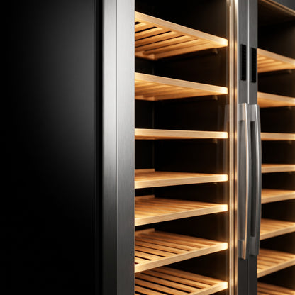 Interior of the Prestige 176 wine cellar: solid beech shelves, glass door and touch control panel