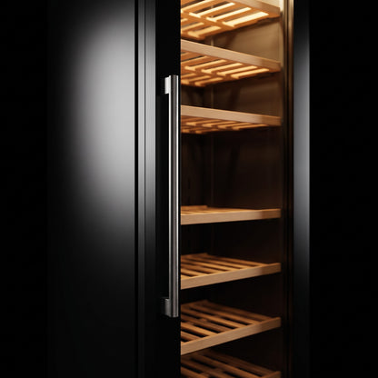 Interior of the Prestige 216 wine cellar: solid beech shelves, glass door and touch control panel