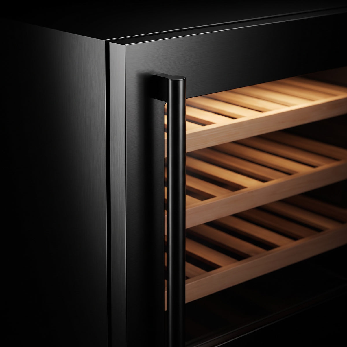 Interior of the Compact 24 Single wine cellar: solid beech shelves, glass door and touch control panel