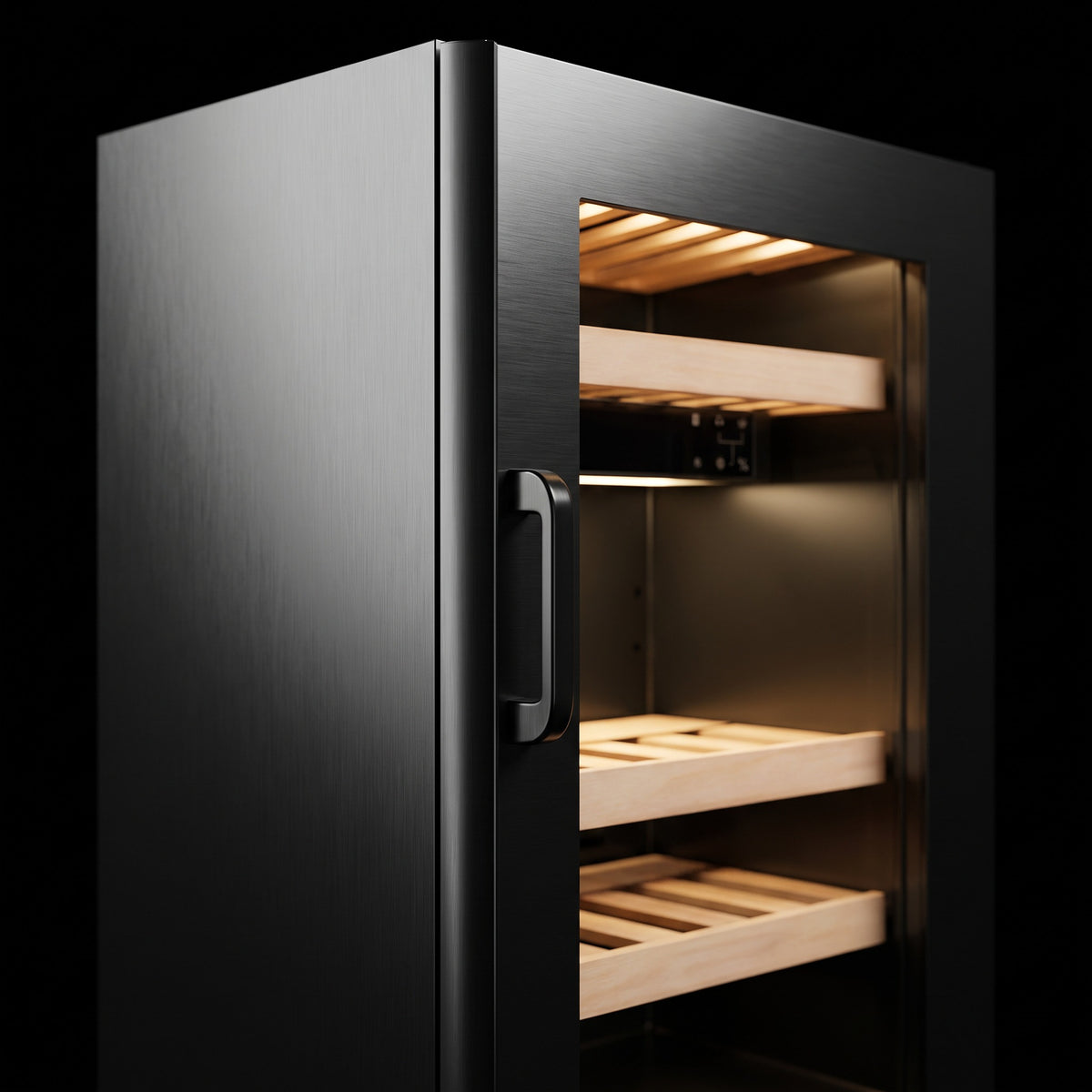 Interior of the Compact 24 Dual wine cellar: solid beech shelves, glass door and touch control panel
