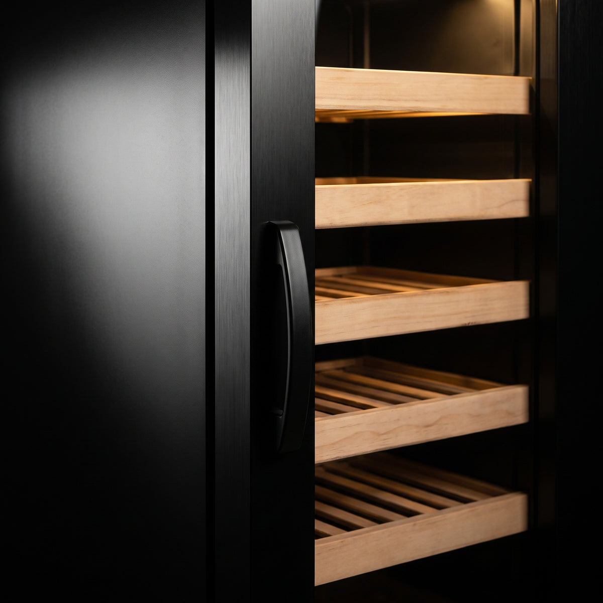 Interior of the Compact 29 16-inch wine cellar: solid beech shelves, glass door and touch control panel