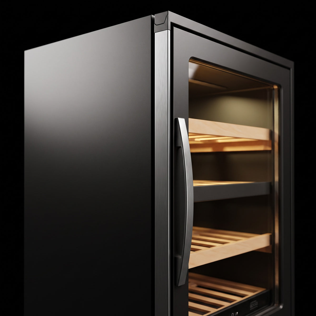 Interior of the Compact 23 wine cellar: solid beech shelves, glass door and touch control panel