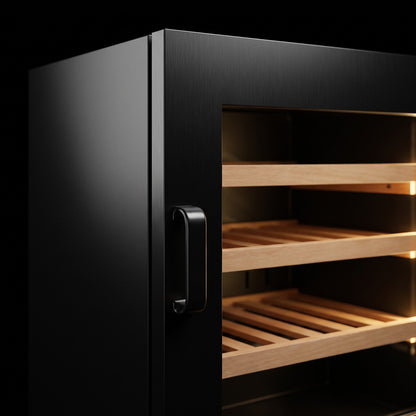 Interior of the Compact 29 23-inch wine cellar: solid beech shelves, glass door and touch control panel
