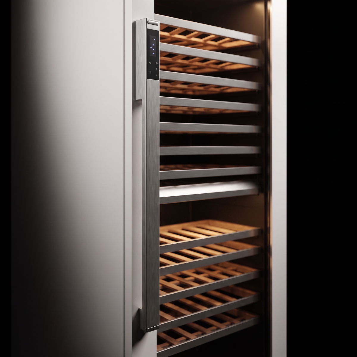 Interior of the Prestige 288 Freestanding wine cellar: solid beech shelves, glass door and touch control panel