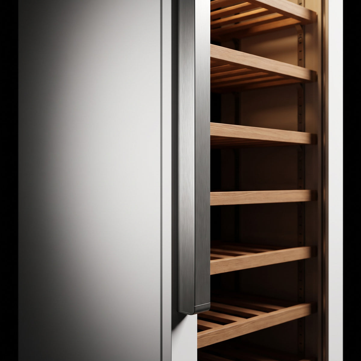 Interior of the Prestige 303 Freestanding wine cellar: solid beech shelves, glass door and touch control panel