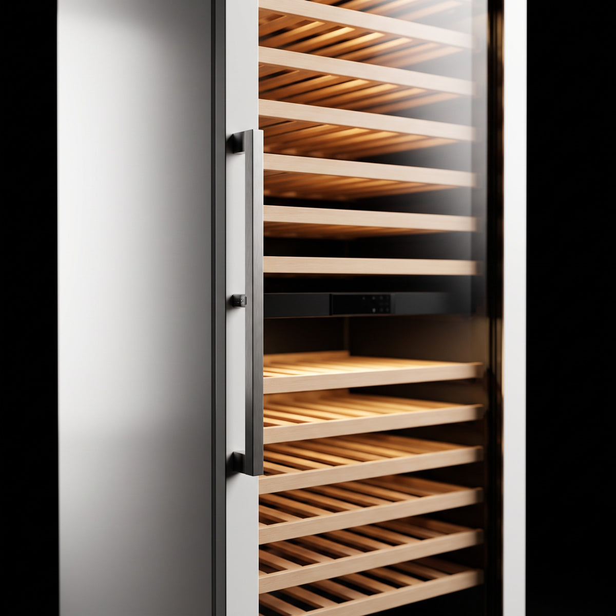 Interior of the Prestige 288 Built-in wine cellar: solid beech shelves, glass door and touch control panel