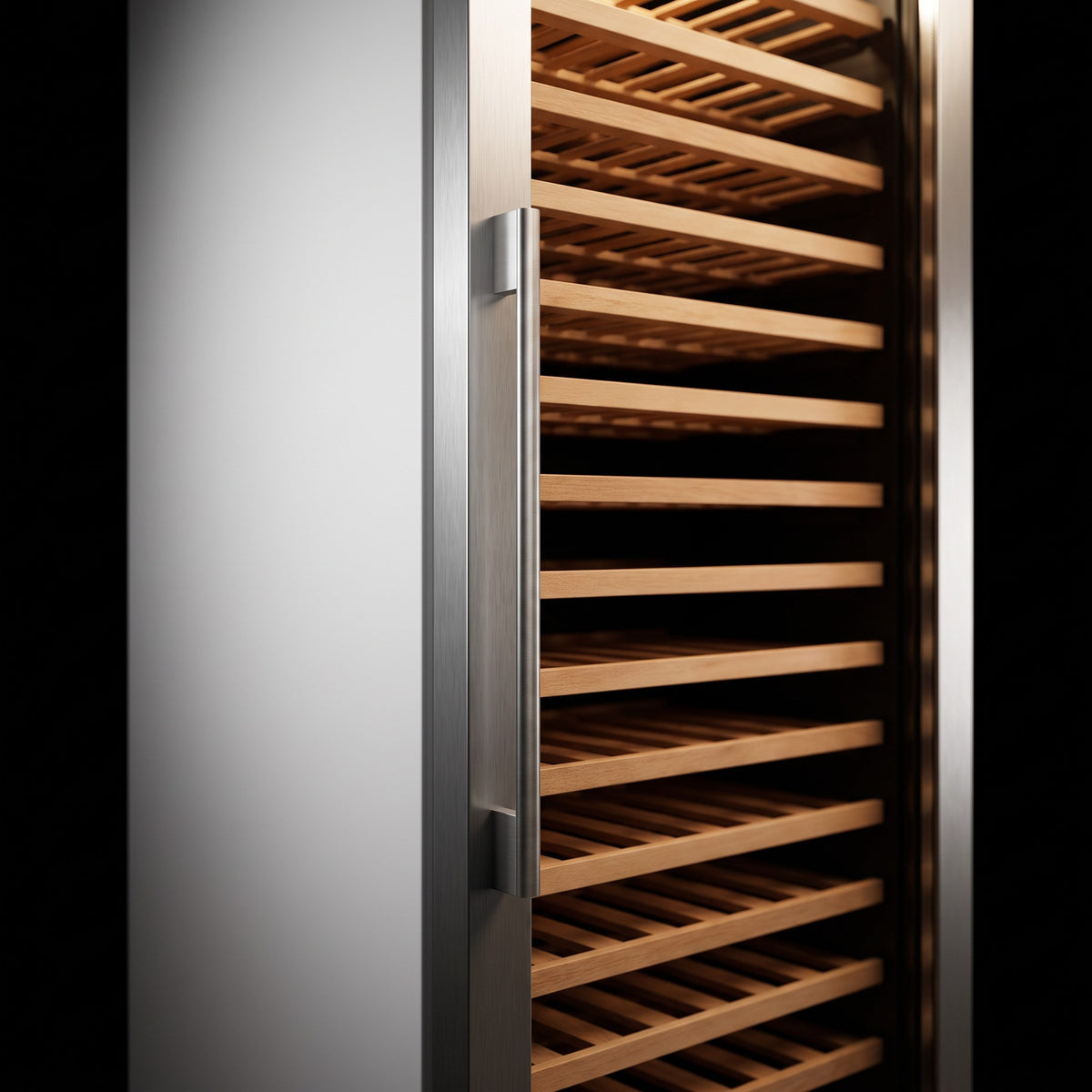 Interior of the Prestige 303 Built-in wine cellar: solid beech shelves, glass door and touch control panel