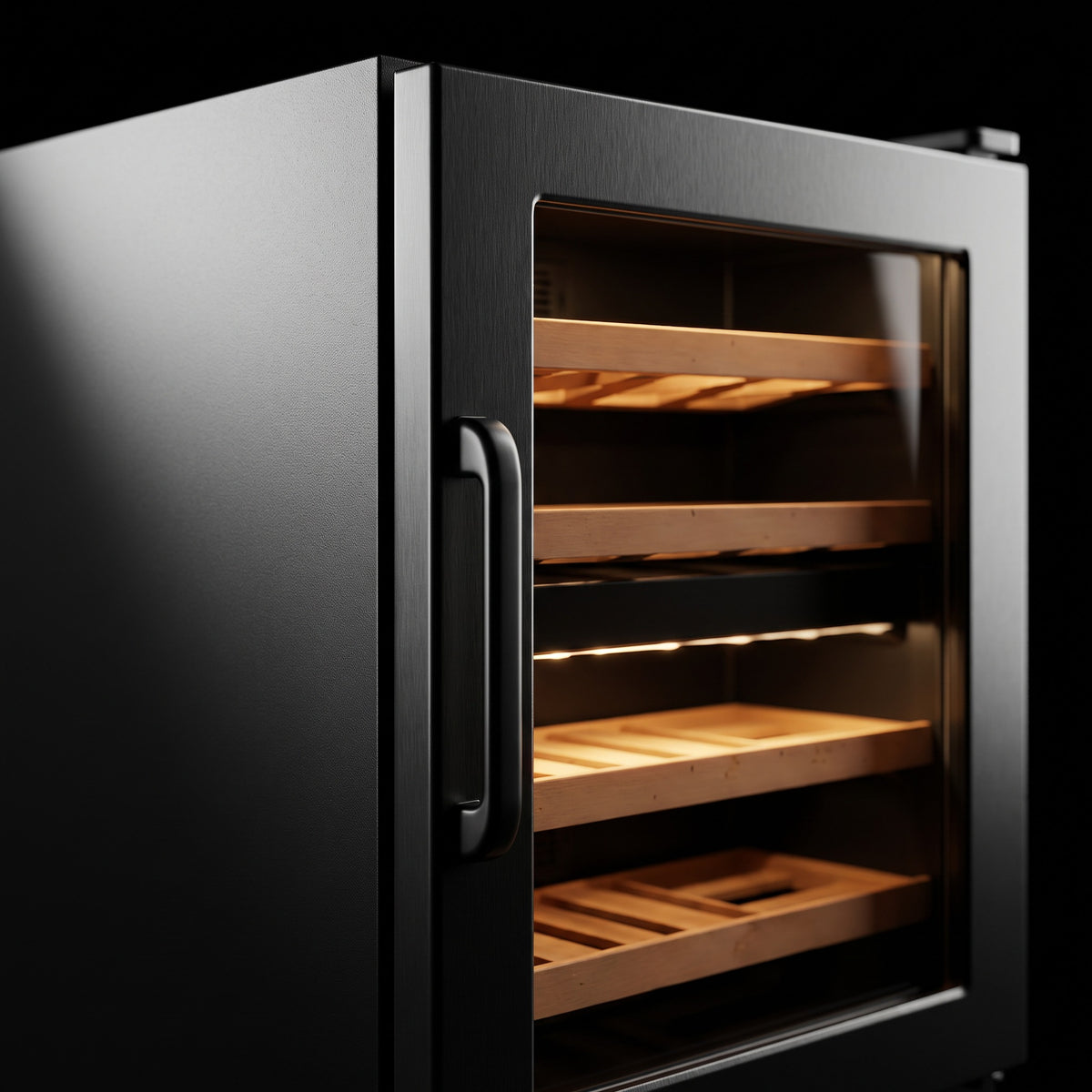 Interior of the Compact 30 Dual wine cellar: solid beech shelves, glass door and touch control panel