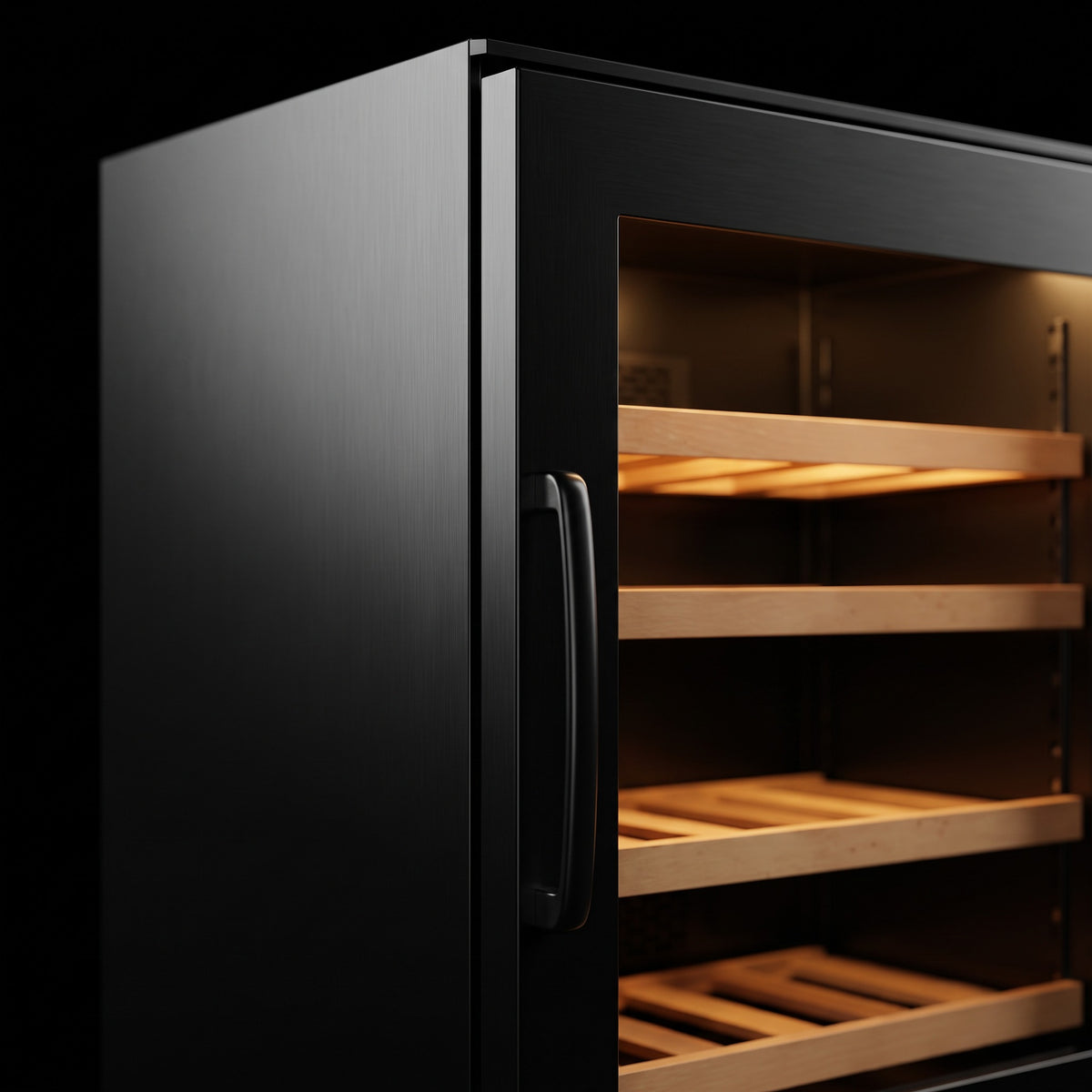 Interior of the Compact 30 Single wine cellar: solid beech shelves, glass door and touch control panel