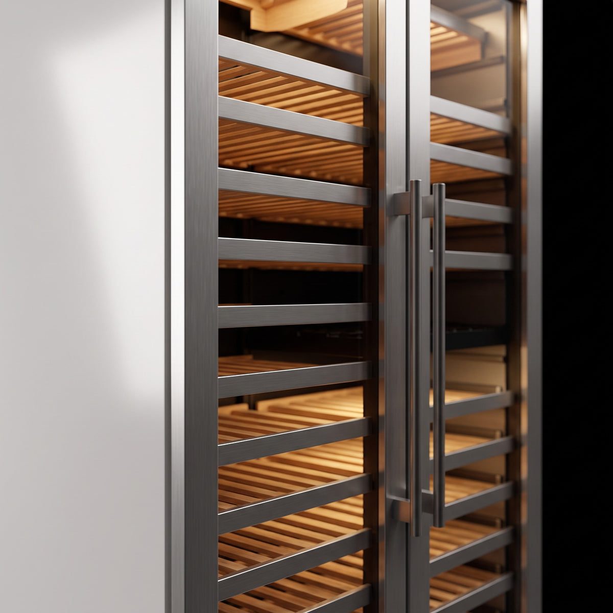 Interior of the Prestige 343 wine cellar: solid beech shelves, glass door and touch control panel