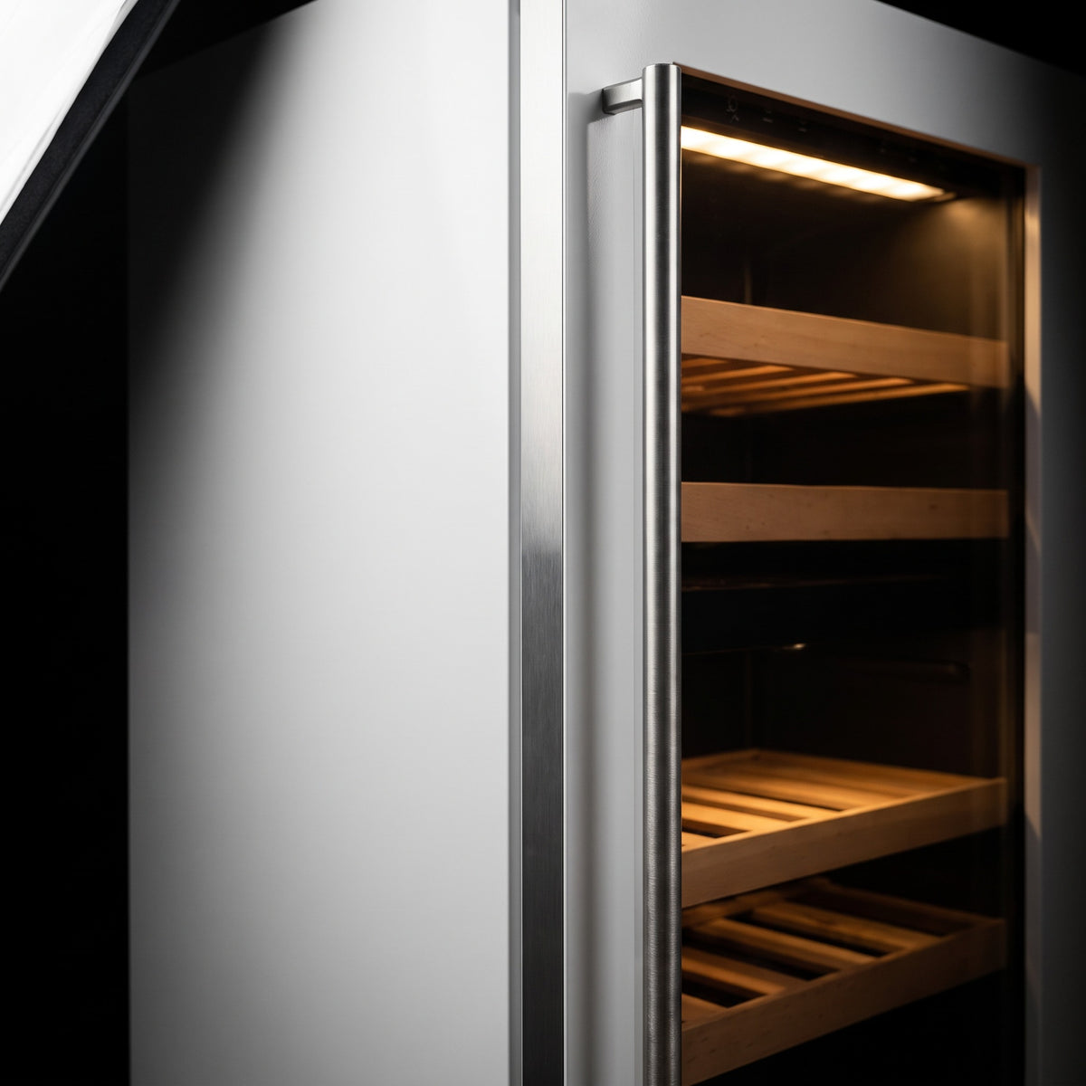 Interior of the Compact 42 wine cellar: solid beech shelves, glass door and touch control panel