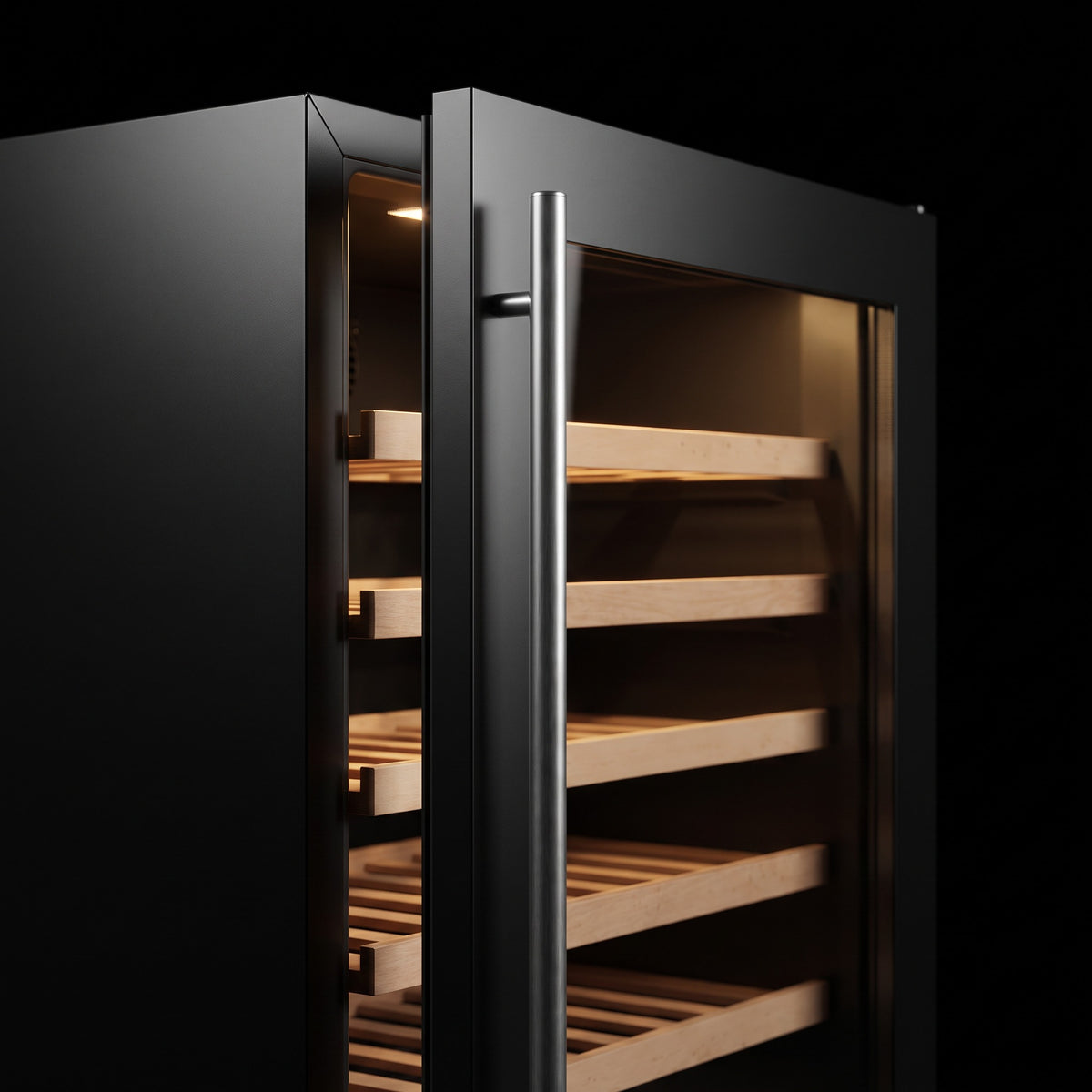 Interior of the Compact 46 wine cellar: solid beech shelves, glass door and touch control panel