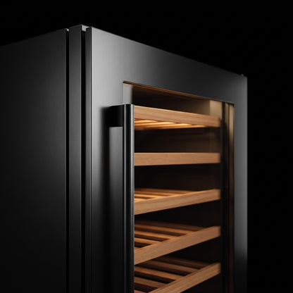 Interior of the Connoisseur 48 wine cellar: solid beech shelves, glass door and touch control panel