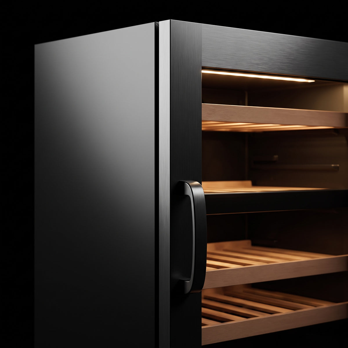 Interior of the Connoisseur 39 wine cellar: solid beech shelves, glass door and touch control panel