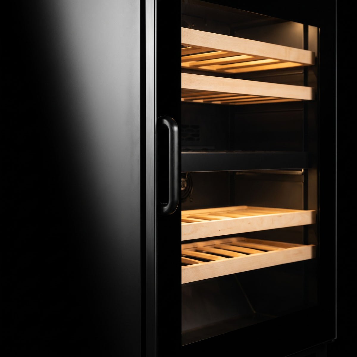 Interior of the Connoisseur 46 wine cellar: solid beech shelves, glass door and touch control panel