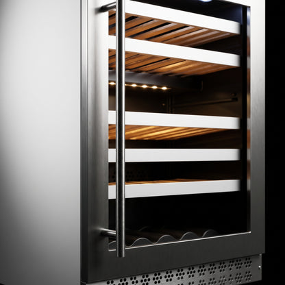 Interior of the Connoisseur 51 wine cellar: solid beech shelves, glass door and touch control panel