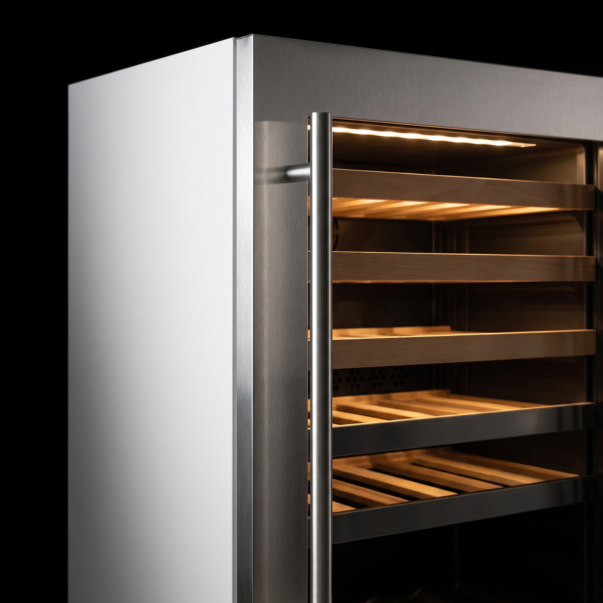 Interior of the Connoisseur 60 wine cellar: solid beech shelves, glass door and touch control panel
