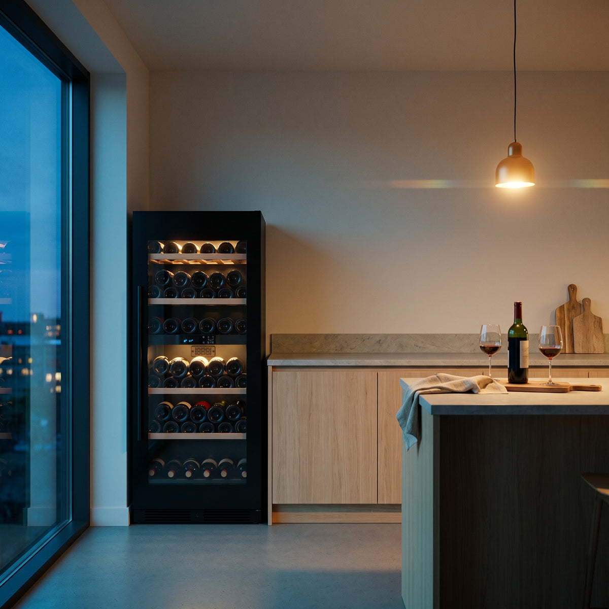 Connoisseur 65 65-bottle wine cellar installed in a modern fitted kitchen